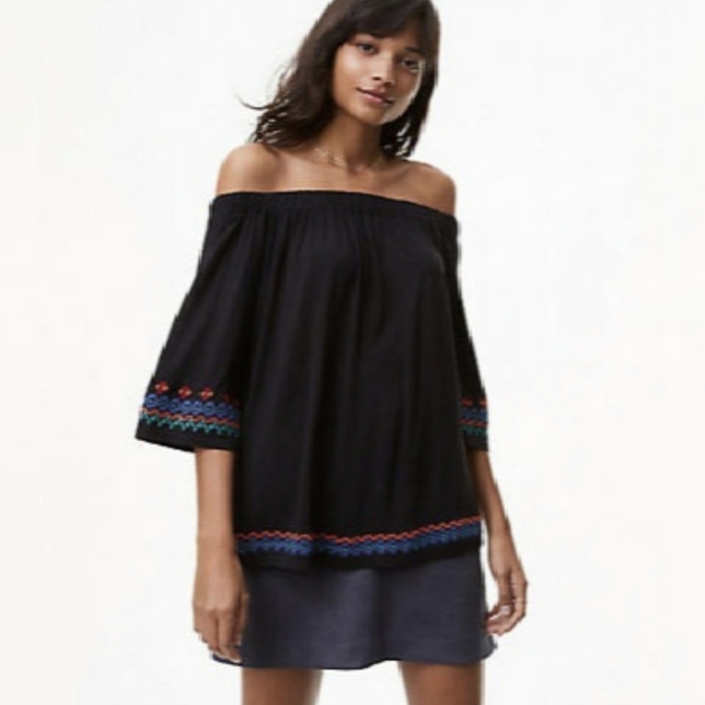 LOFT Embroidered Black Off The Shoulder Blouse M